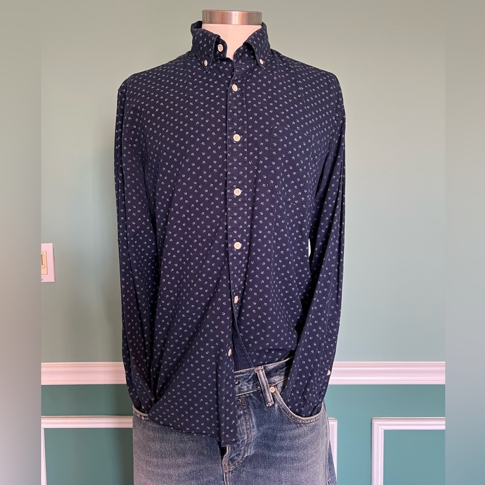 Indigo dyed button down in dragonfly print